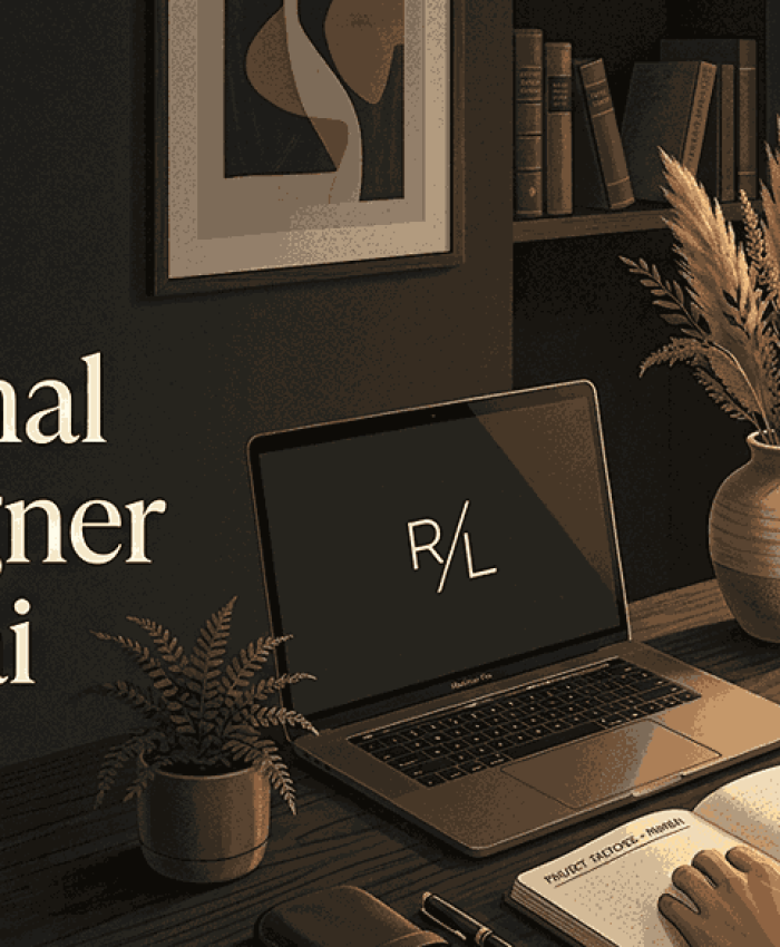 Create inspiring logos from a cozy, sophisticated Mumbai studio. Our designer workspace captures the dark academia aesthetic at golden hour, featuring a minimalist logo on screen, a hand-sketched notebook, and pampas grass.