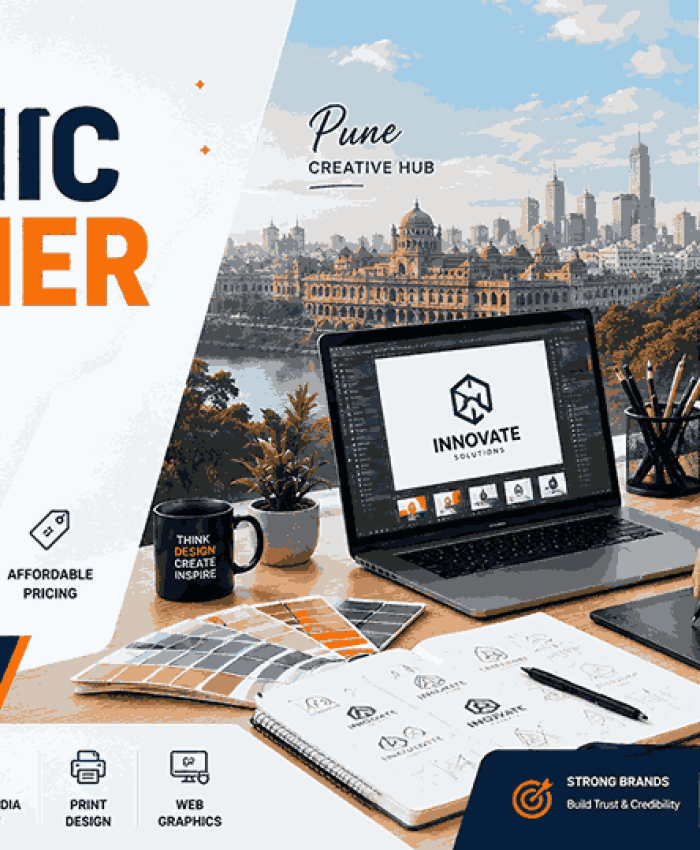 Modern landscape blog cover showcasing affordable graphic designer services in Pune with branding concepts, creative workspace setup, and professional marketing visuals.