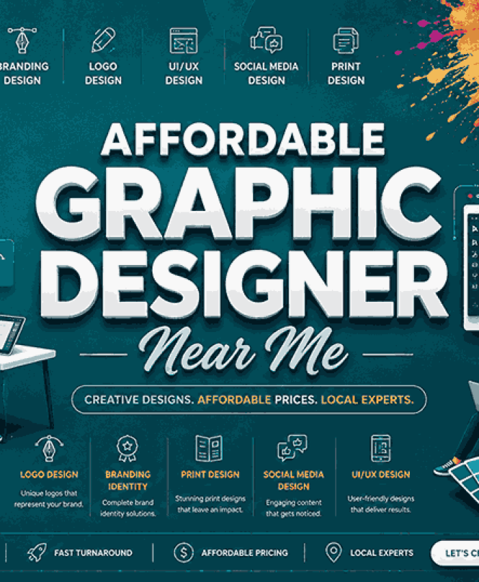 Modern corporate graphic design banner featuring creative professionals working on logo concepts, branding projects, and UI design elements in a clean premium agency style.