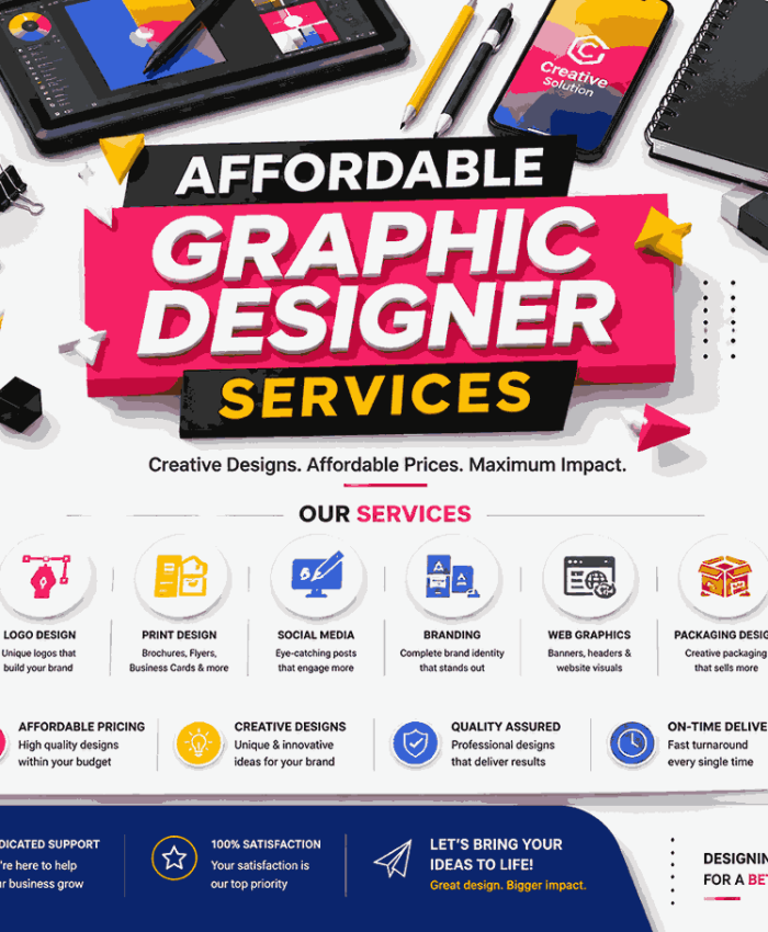 Creative isometric 3D flyer design showcasing affordable graphic designer services with bold hot pink typography, layered geometric panels, and modern branding studio elements.
