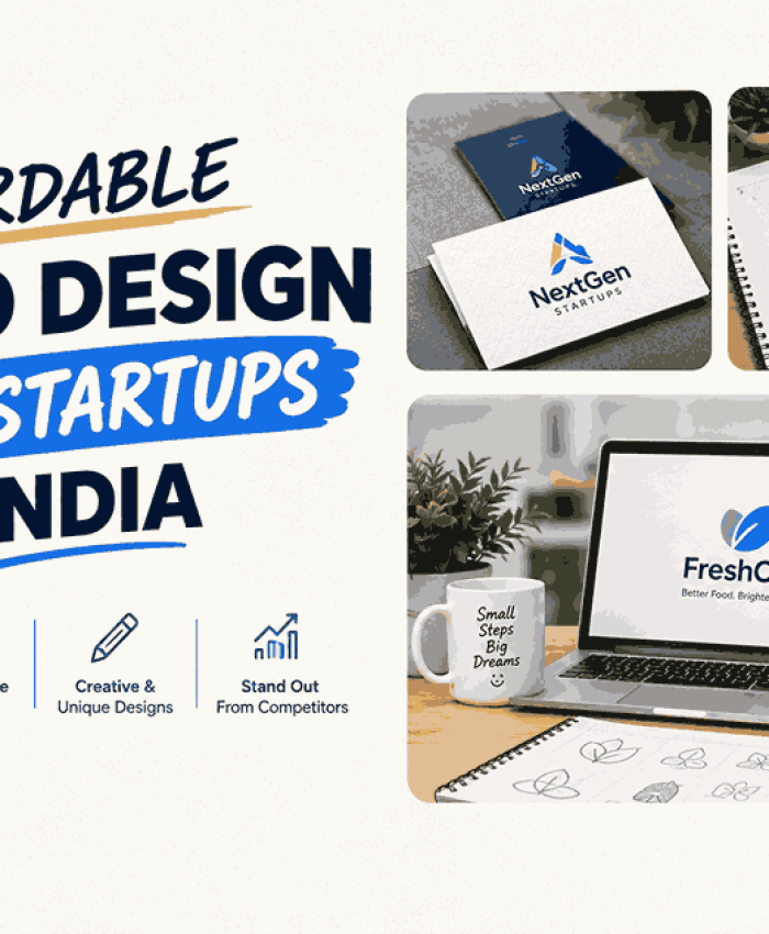 Affordable logo design for startups in India featuring creative logo concepts and branding mockups on a laptop and business stationery.