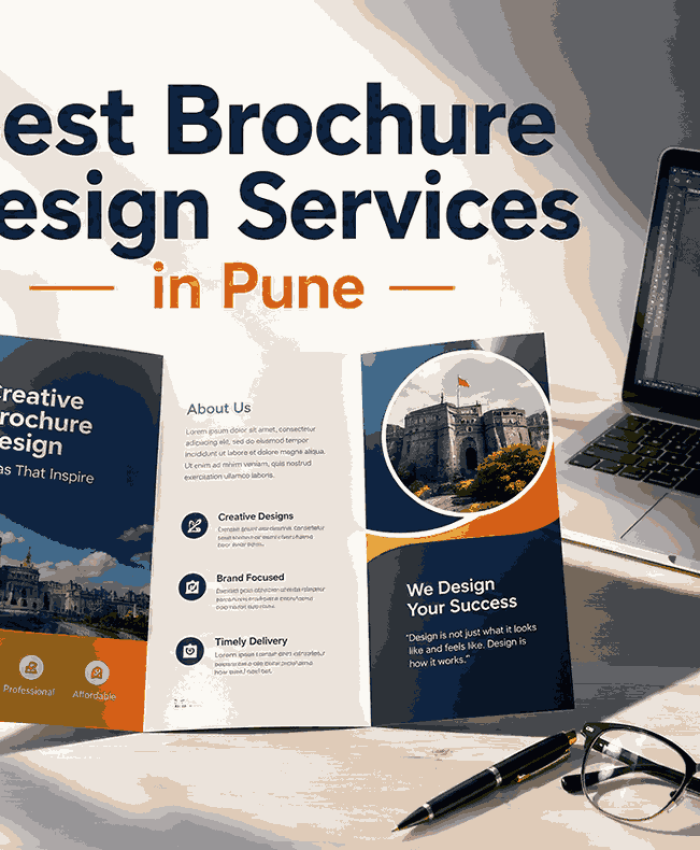 Best brochure design services in Pune - professional tri-fold brochure mockup on designer desk
