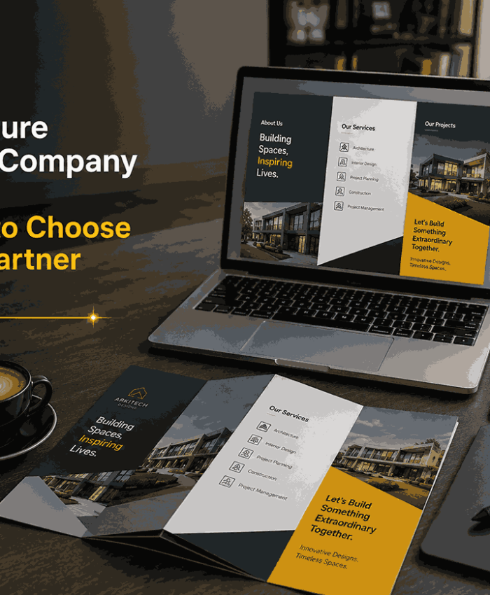 Modern design studio workspace in Pune featuring a laptop displaying a tri-fold brochure design, printed brochure samples, color swatches, and branding materials from a brochure designing company.