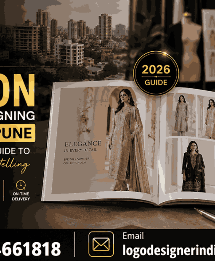 "Best fashion catalogue designing services in Pune 2026 — Logo Designer India banner showing an open fashion lookbook with model photos, contents page, and contact details