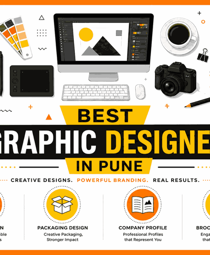 Clean modern landscape flyer showcasing Best Graphic Designer in Pune with creative workspace illustrations and professional branding service icons.