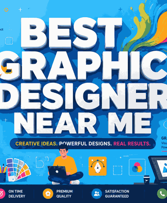 Eye-catching graphic design promotional banner featuring bold 3D typography, creative designer illustrations, logo design tools, branding visuals, and colorful abstract artwork.