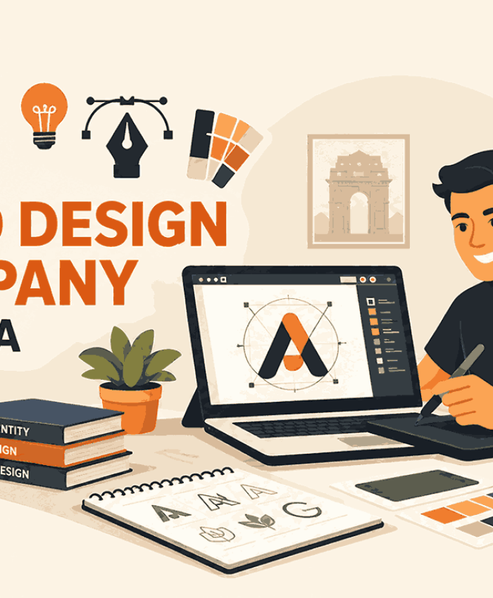 Best logo design company in India featuring a creative designer working on logo concepts using a laptop, digital drawing tablet, color palettes, and branding sketches.
