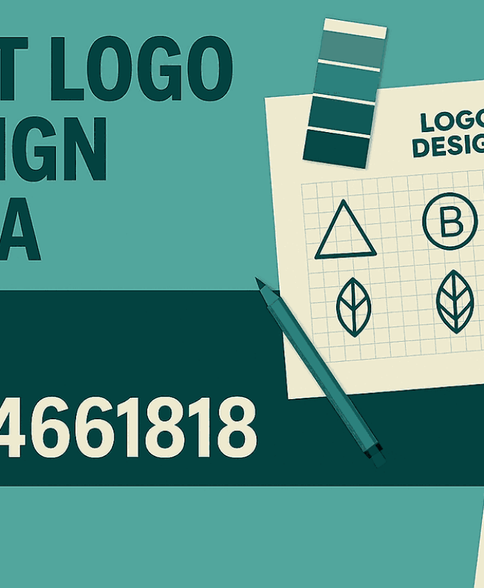 A creative teal-themed cover banner featuring logo design sketches and a bold call-to-action for the best logo design company in India.