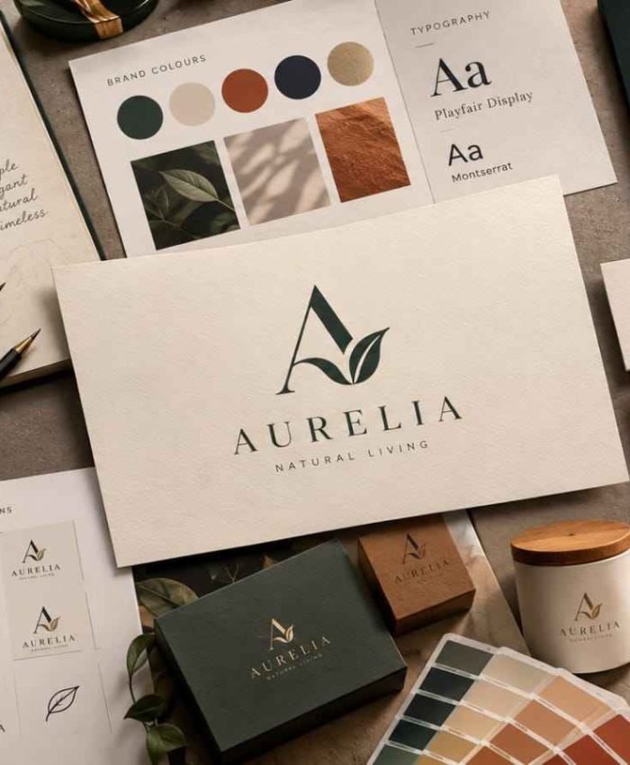 Premium brand identity presentation showcasing logo design sketches, typography, color palettes, stationery, packaging, and logo concepts for choosing the best logo designer.
