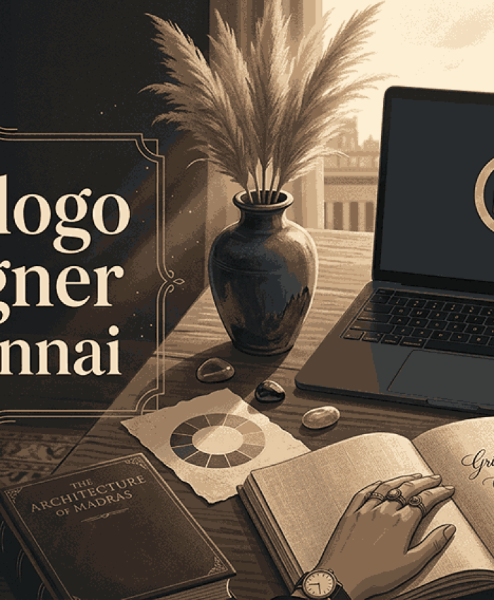 An inside look at the dark academia-inspired creative studio of the best logo designer in Chennai. This moody, textured illustration captures the designer's workspace at golden hour, featuring custom geometric branding on a laptop, hand-sketched monograms, and luxurious serif typography within a decorative frame.