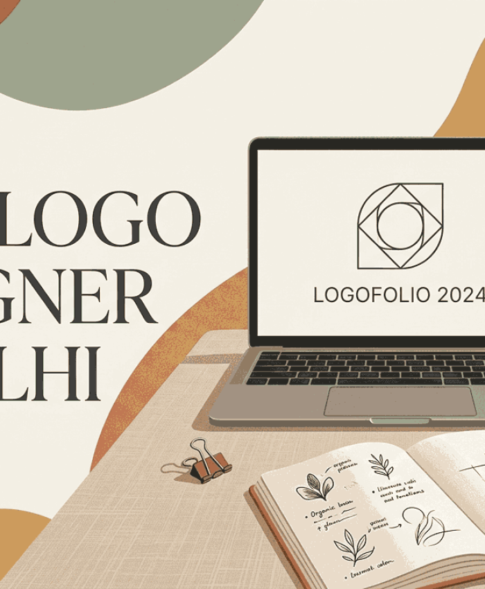 Illustration of an open laptop, a ceramic vase with dried pampas grass, and a person's hand sketching a logo with a pen on a notebook.