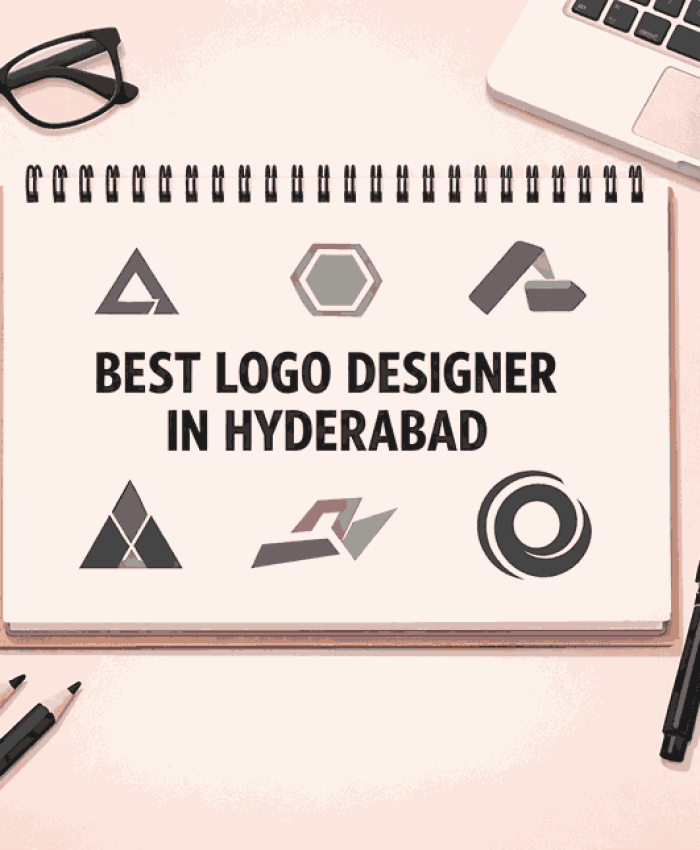 Minimal pink aesthetic flat lay of a graphic designer workspace with sketchbook showing logo concepts and text “Best Logo Designer in Hyderabad”