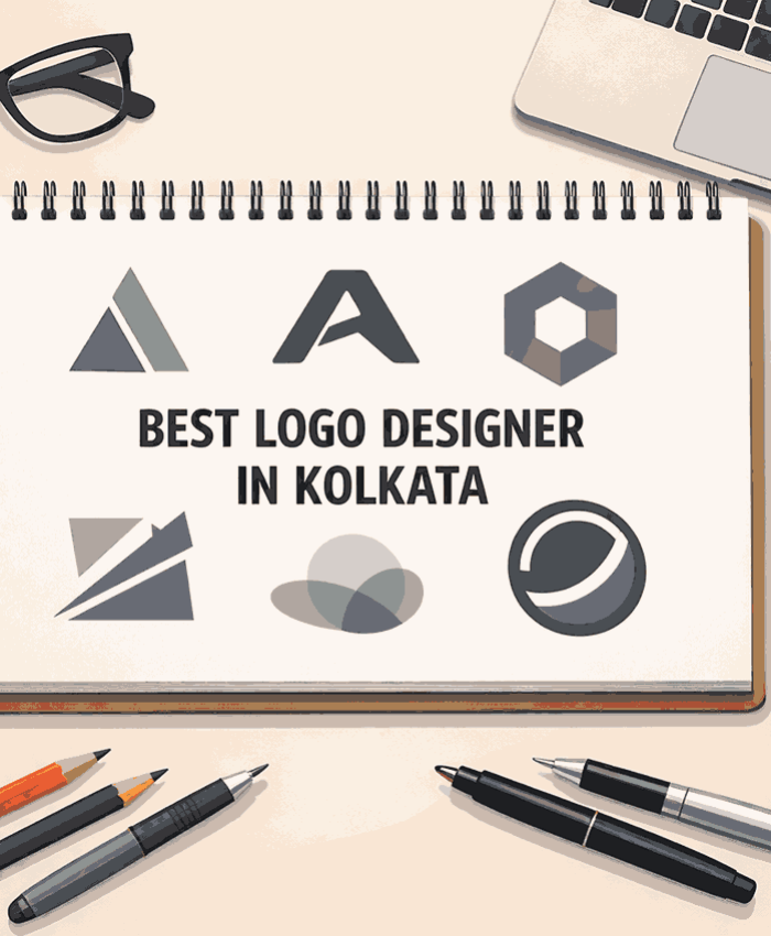 Flat lay illustration of a graphic designer's desk with a central spiral sketchbook featuring the text "BEST LOGO DESIGNER IN IN KOLKATA", surrounded by a laptop, eyeglasses, a color wheel, color swatches, pencils, pens, and a coffee cup on a beige background with subtle gradients and shadows.