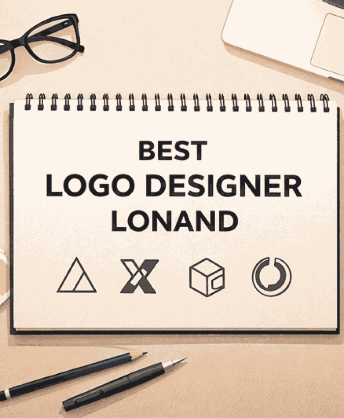 Flat lay illustration of a logo designer workspace with sketchbook, laptop, color swatches, and “Best Logo Designer Lonand” text.