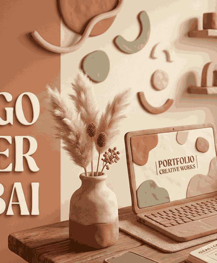 A cozy, soft 3D clay-like illustration of a designer's workspace in Mumbai, featuring a laptop, pampas grass, a notebook with a pen in hand, and the text "BEST LOGO DESIGNER IN MUMBAI" in modern serif typography.