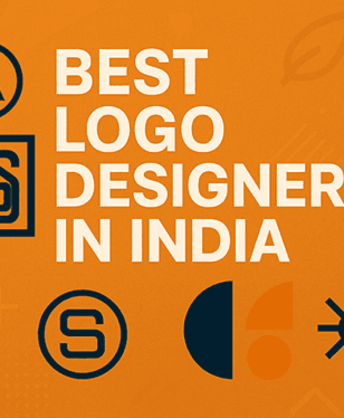 A modern, artistic cover design featuring the headline “Best Logo Designers in India” with geometric icons and abstract branding patterns in a vibrant orange theme.