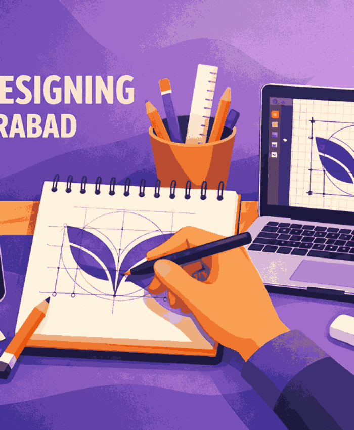 Modern flat illustration of a graphic designer creating a geometric logo on a notepad with stylus, laptop and smartphone displaying “Leaf wing” logo, best logo designing in Hyderabad