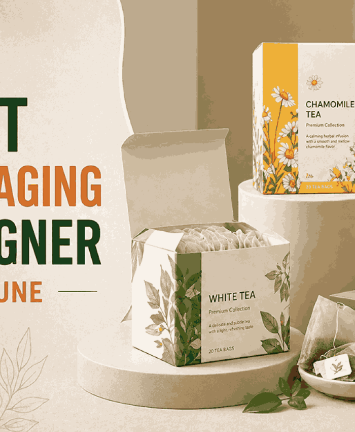 A premium packaging design banner showcasing realistic tea packaging boxes with modern minimal styling.