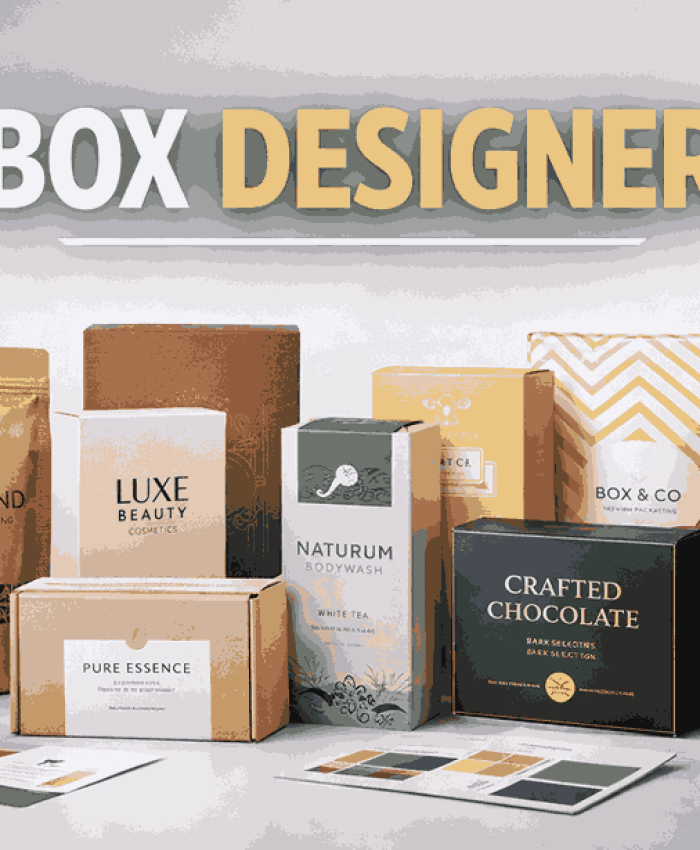 Creative box packaging designs displayed under the BOX DESIGNER title, highlighting premium branding and packaging expertise.