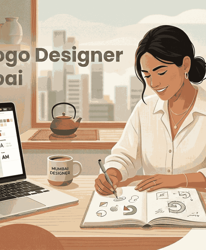 Creating impactful brand identity: a professional logo designer at work in her Mumbai studio, surrounded by creative tools and inspiration.