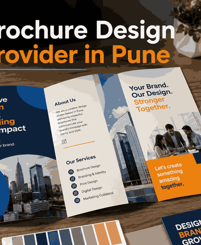 Professional brochure design provider in Pune showcasing a tri-fold brochure mockup on a modern design studio desk with laptop, color swatches, coffee, and Logo Designer India branding.