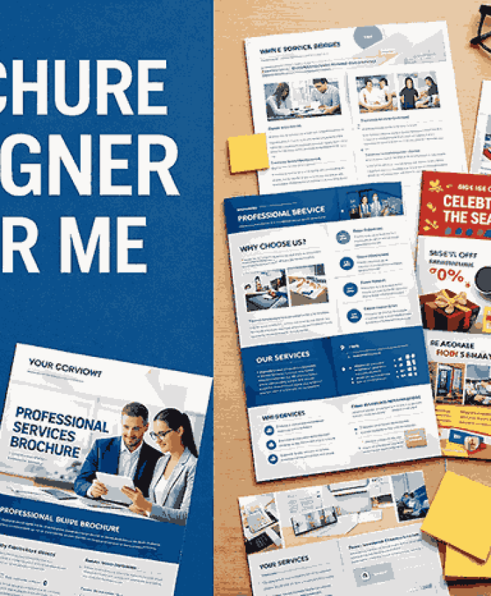Cover image showing a brochure designer near me with multiple brochure designs, layouts, and modern marketing elements.