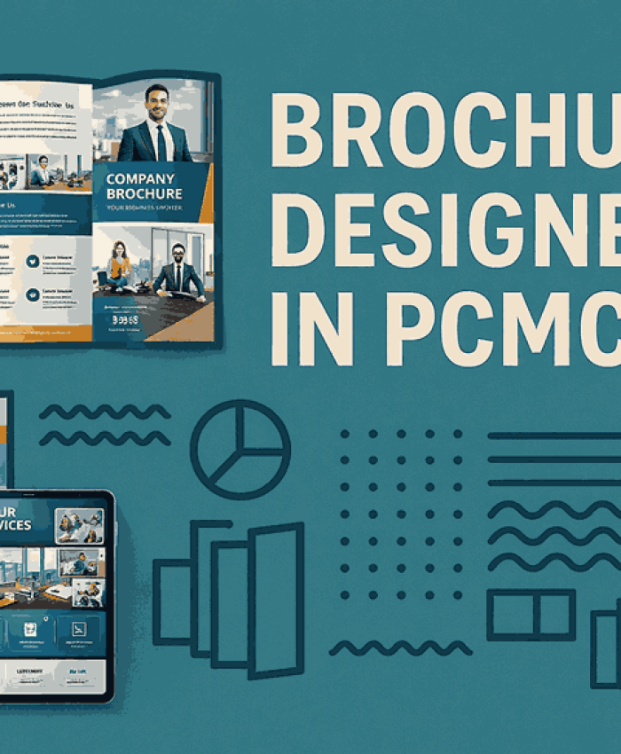 Creative cover image highlighting brochure designers in PCMC with modern brochure layouts, icons, and professional design elements.