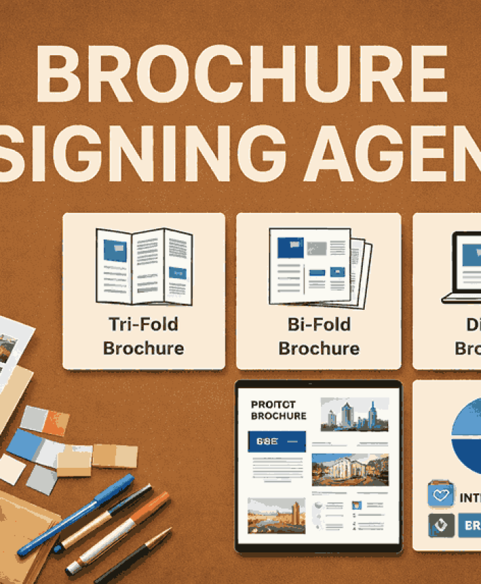 Cover image highlighting professional brochure designing agency services with various brochure types and creative design elements.