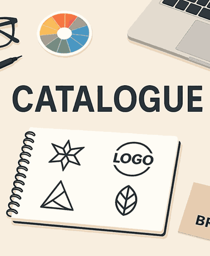 Minimal flat-lay catalogue cover featuring creative tools and branding elements for design agencies.