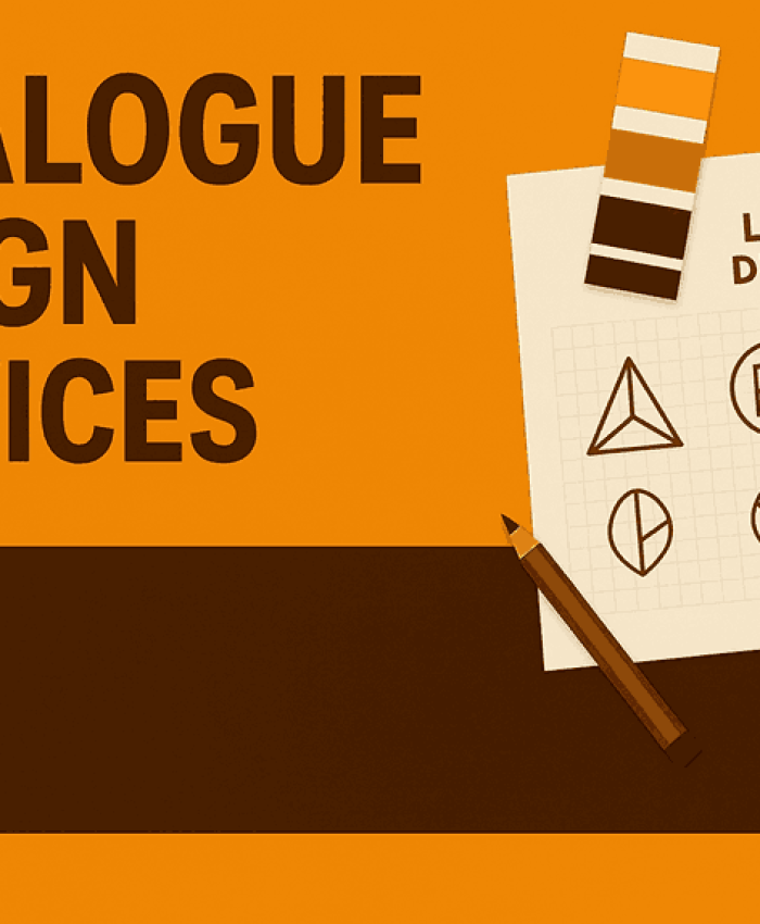 A modern cover design featuring catalogue design elements, color palettes, sketches, and bold typography, representing professional catalogue design services.