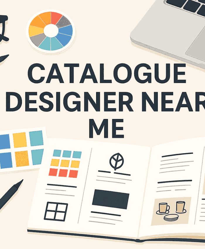 Creative flat-lay cover design showcasing catalogue patterns, layout concepts, and professional design tools.