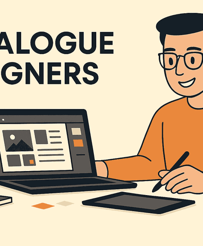 Creative illustration representing professional catalogue designers working on modern catalogue layouts.