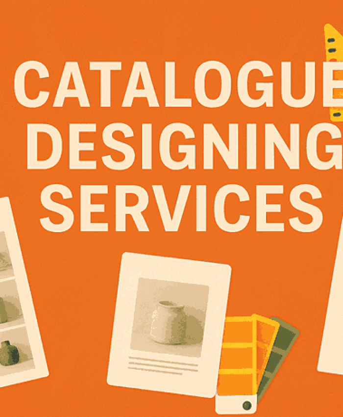 Creative cover design for professional catalogue designing services showcasing product catalog layouts and branding tools.