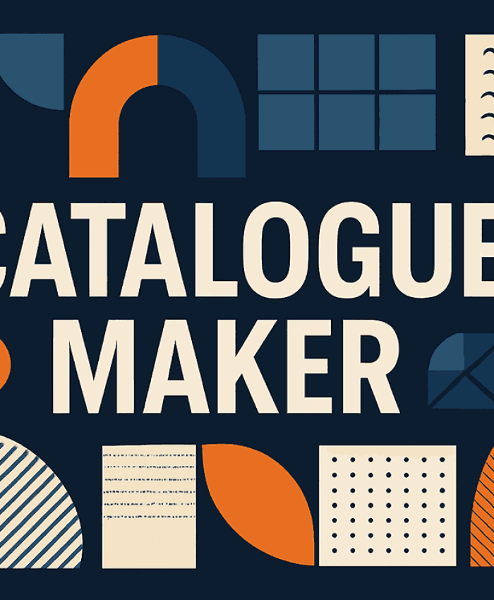 Premium “CATALOGUE MAKER” cover design featuring modern abstract shapes, balanced composition, and stylish typography.