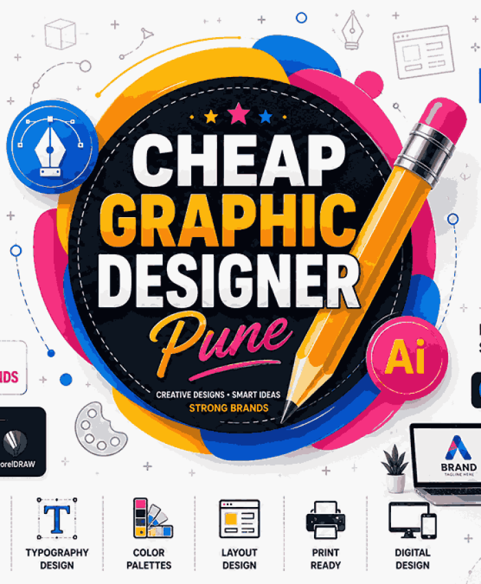 Cheap Graphic Designer Pune flat vector banner with colorful circular branding logo, giant pencil, abstract gradient shapes, and creative design doodle elements