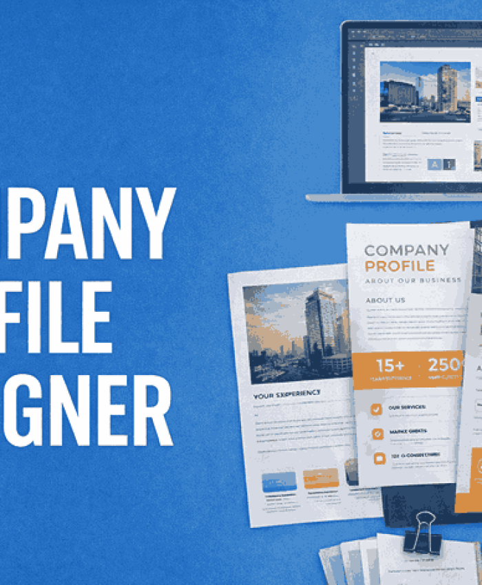 A professional cover image highlighting company profile designer services with modern corporate profile layouts and branding elements.
