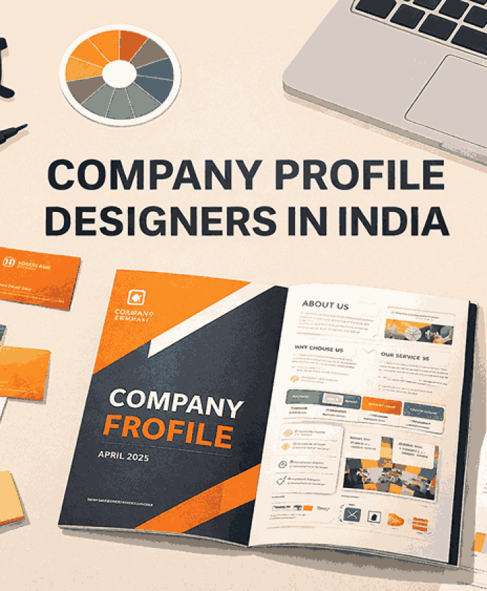 A professional cover image showcasing company profile designers in India working on corporate profile layouts, branding, and business presentation design.