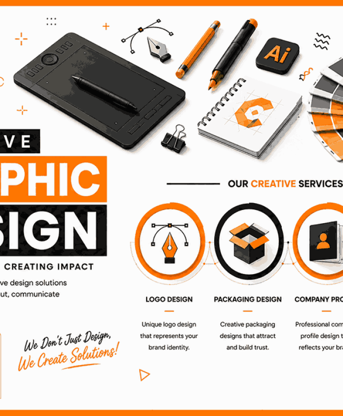 Modern landscape graphic design agency flyer featuring bold editorial typography, floating creative tools, and clean infographic service sections in a professional corporate style.