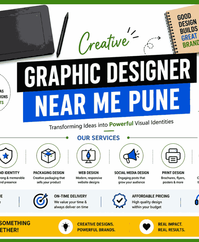 Professional branding flyer showcasing Creative Graphic Designer Near Me Pune with modern vector illustrations, creative tools, and graphic design service highlights.