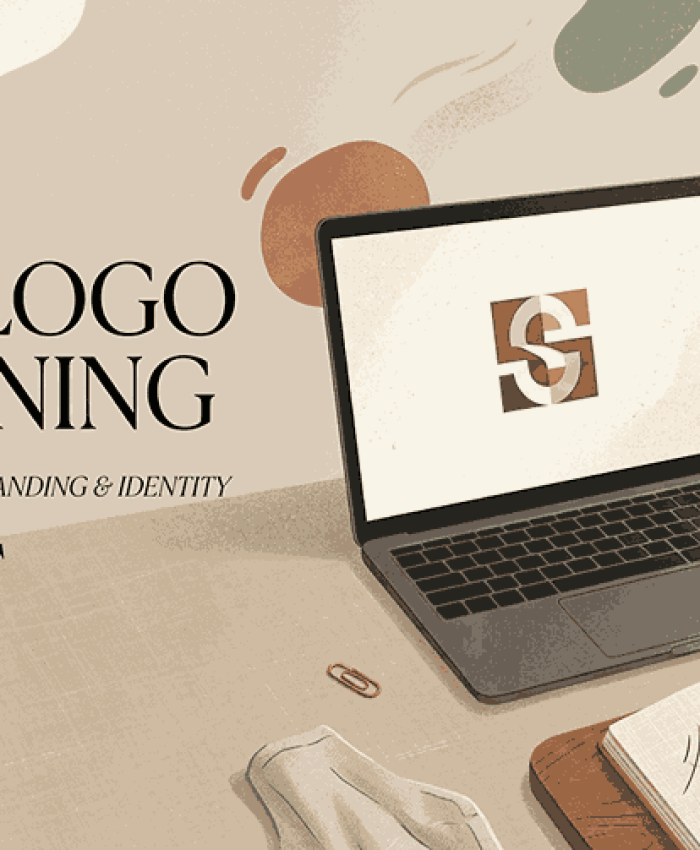 Flat illustration of a designer's workspace in Surat, featuring a laptop displaying a geometric logo and dried pampas grass in a vase.