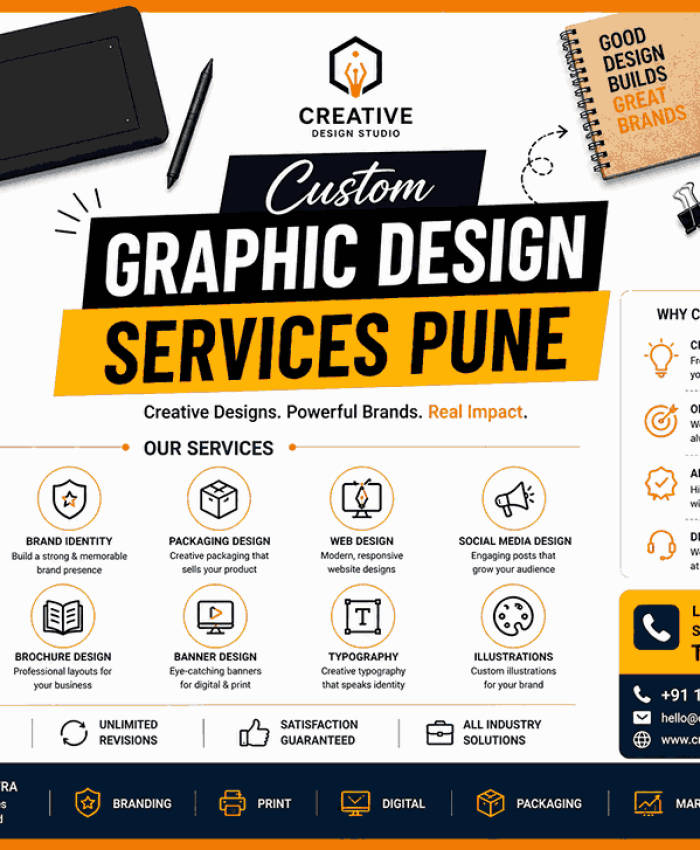 Professional 4:3 branding flyer showcasing Custom Graphic Design Services Pune with creative vector illustrations and corporate design service highlights.