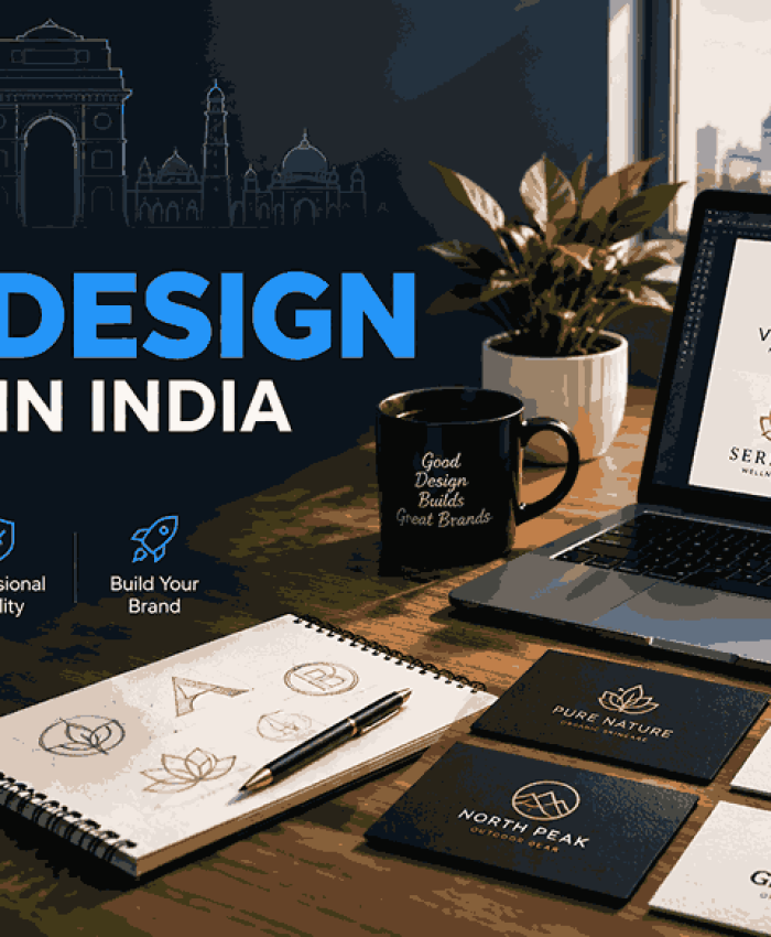 Custom logo design services in India featuring professional logo concepts, business cards, and creative branding mockups.