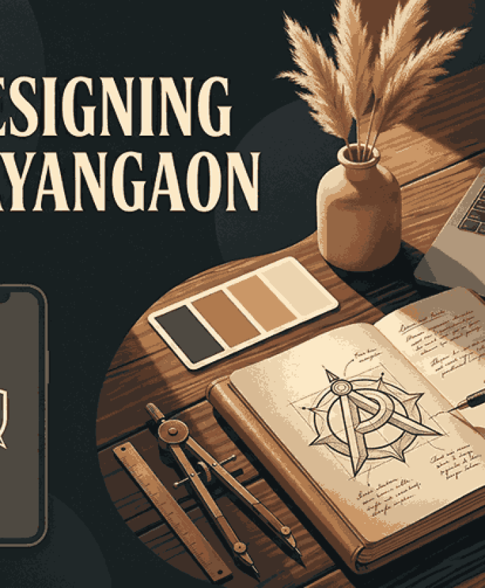 A sophisticated dark academia illustration showcasing logo designing in Narayangaon with a premium creative workspace and elegant branding elements.