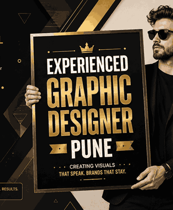 Experienced Graphic Designer Pune luxury poster featuring a stylish man holding a framed typography design with gold and white lettering on a premium black background