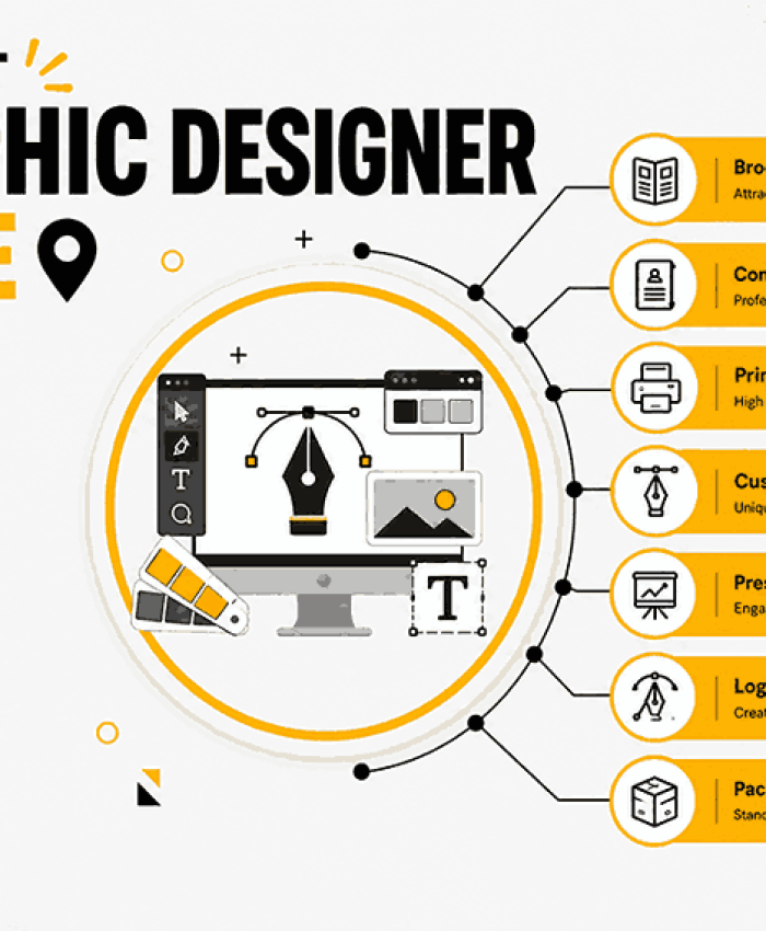 Modern infographic poster for Expert Graphic Designer Pune showcasing brochure design, company profile design, logo design, packaging design, and branding services in a clean yellow and black corporate layout.