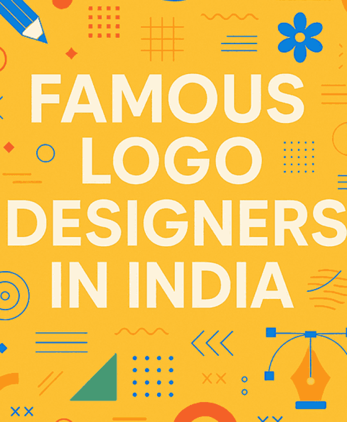 A vibrant and attractive cover design featuring the title “Famous Logo Designers in India,” surrounded by modern graphic elements, shapes, and patterns representing creativity and design.
