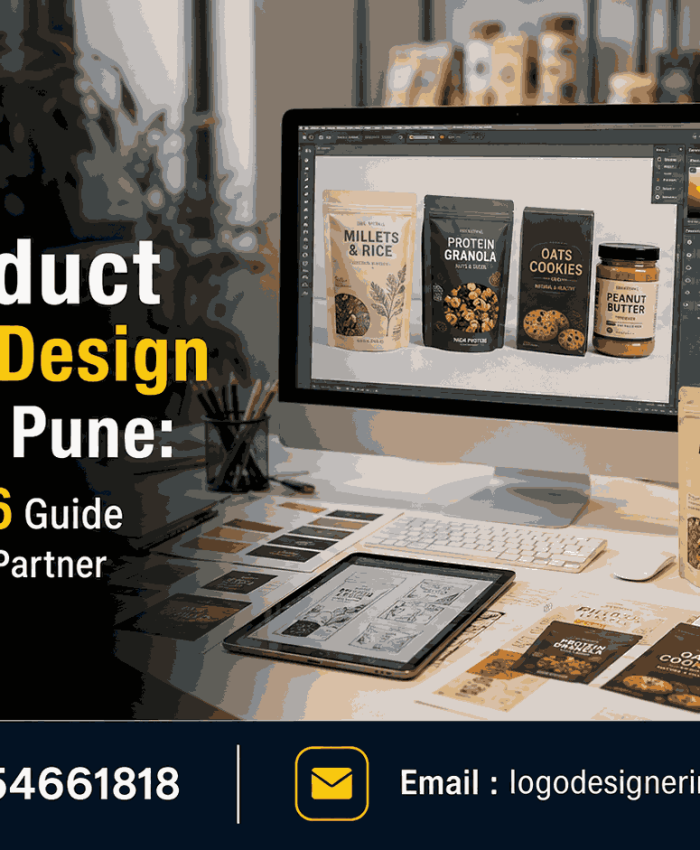 Food Product Packaging Design Company In Pune showcasing modern food packaging mockups in a professional design studio.