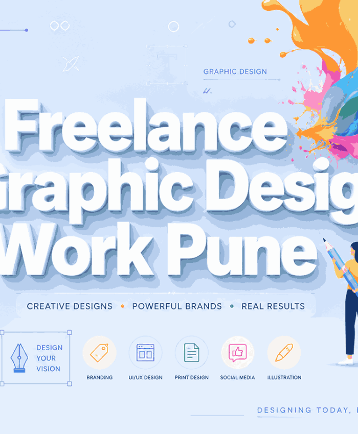 Scandinavian-inspired freelance graphic design banner in Pune featuring bold white 3D typography, colorful paint splash gradients, minimalist designer illustrations, UI wireframes, and creative branding elements.