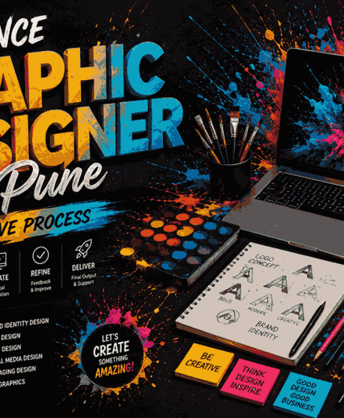 Modern artistic landscape poster showcasing Freelance Graphic Designer Pune with vibrant paint splashes, digital artwork, and creative branding workspace aesthetics.