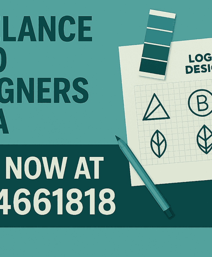 A modern promotional cover image for Freelance Logo Designers India, showing logo sketches, color swatches, and a bold call-to-action.